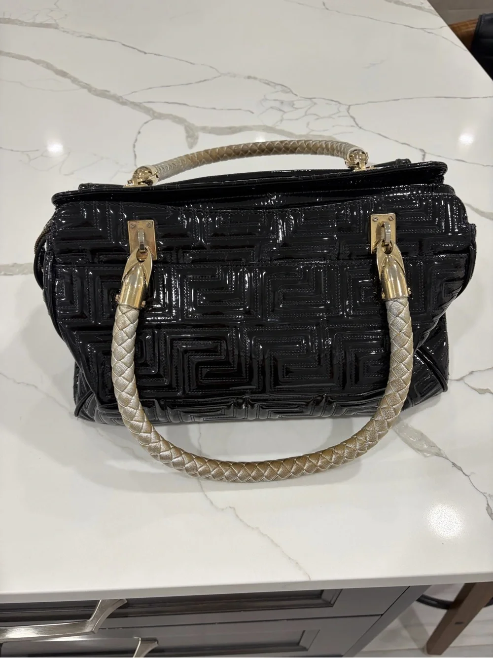 Versace Black Patent Leather Braided-Handle Satchel with Gold Plaque